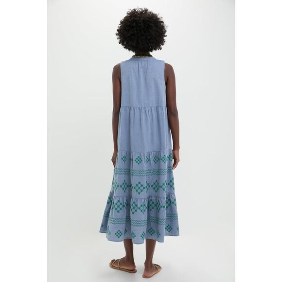 TUCKERNUCK BEACH Emerald Embroidered Chambray Salty Paloma Caftan Size L NWT - Picture 2 of 8